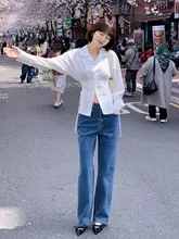 ヴィンテージ風 ブルーデニム ハイウエストカジュアルパンツ