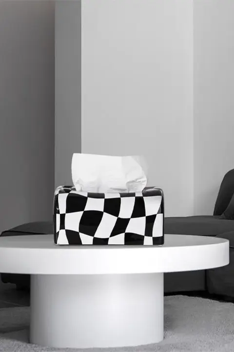 モダンデザインのチェッカーパターン陶器ティッシュボックス【リビング・ダイニング・オフィス用】