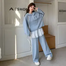 ブルーのレース風トップスとワイドパンツの上下セット【カジュアル・秋向け・リラクシング】（セットアップ対応）