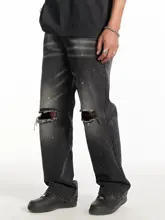 水洗い加工のペイントデニムパンツ【ストリートスタイル・カジュアル・ヒップホップ】