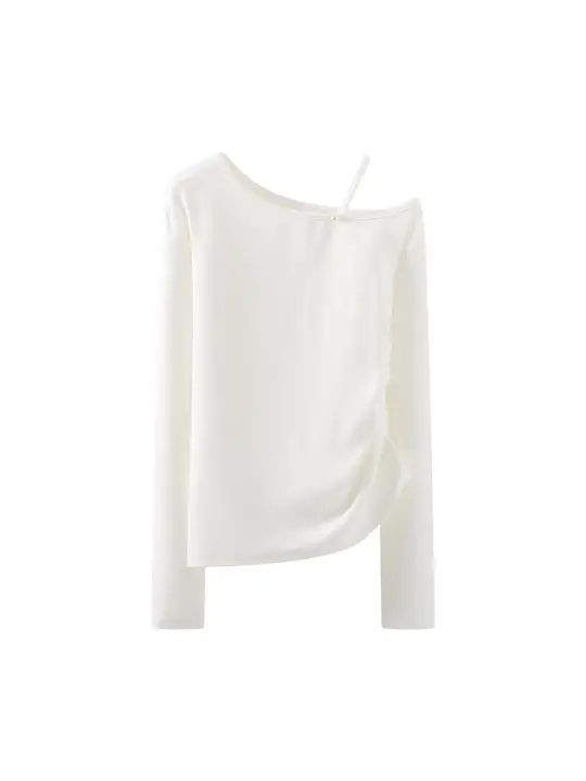 斜め肩デザインの長袖Tシャツ【レディース・秋用・極上の柔らかさ・着痩せ効果】
