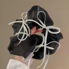パール付きリボンヘアゴム【大きめ輪・韓国風・まとめ髪用】