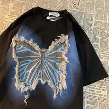 デニムフリンジのアメリカンヴィンテージ蝶柄パッチデザイン 半袖Tシャツ【ゆったりフィット・カジュアルスタイル】