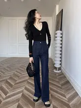 高腰デニムブーツカットパンツ【深青・テーパード・ワッシュ加工・伸縮性低】
