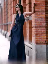 デザイン性のあるツイストフリルノースリーブハイネックワンピース【バックオープン・ロング丈・夏用】