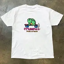カートゥーンカエル柄スケートボードプリントTシャツ【純綿・ゆったりとしたクルーネック・半袖】
