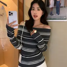 レディース ストライプニットトップス【オフショルダー・春季・したスタイル】