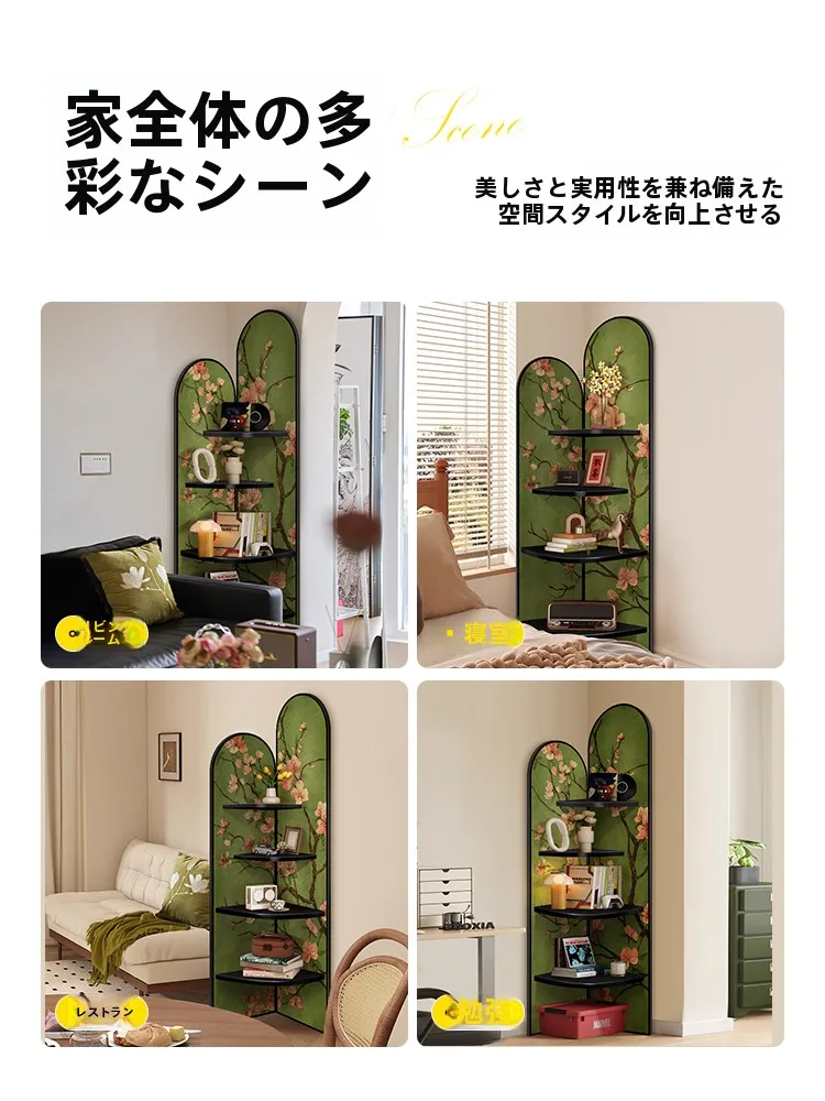 ヴィンテージ風 コーナーディスプレイキャビネット：花柄リビング用の立体収納ラック