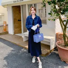 デニムジャケット風ロングドレス【デザイン性高い・ノースリーブ・秋用】（セットアップ対応）