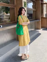 黄色チェックシャツワンピースとワイドパンツ【夏用・感・気質良好】（セットアップ対応）