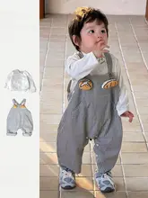 ストライプ柄の男の子用サロペットパンツ【綿１００％・春秋用・お出かけに最適】（セットアップ対応）