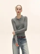 ポロ襟デザインの春用フィットニットトップス【女性用・ウエストシェイプ】