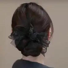 上品なネット素材の低いお団子用ヘアゴム【バタフライリボンデザイン・大サイズ】