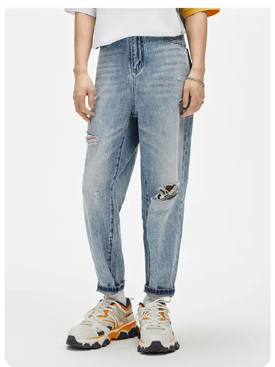 春夏用 メンズデニムパンツ【カジュアルデザイン・ダメージ加工・テーパード・ゆったりタイプ】