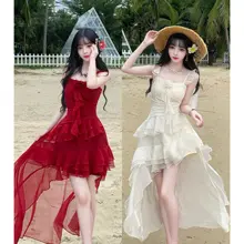 海辺のリゾートに最適！不規則デザインのキャミソールドレス【夏用・シフォン・ビーチスタイル】