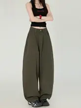 オリーブグリーンのワイドレッグデニムパンツ【高腰・ドレープ感・秋用】