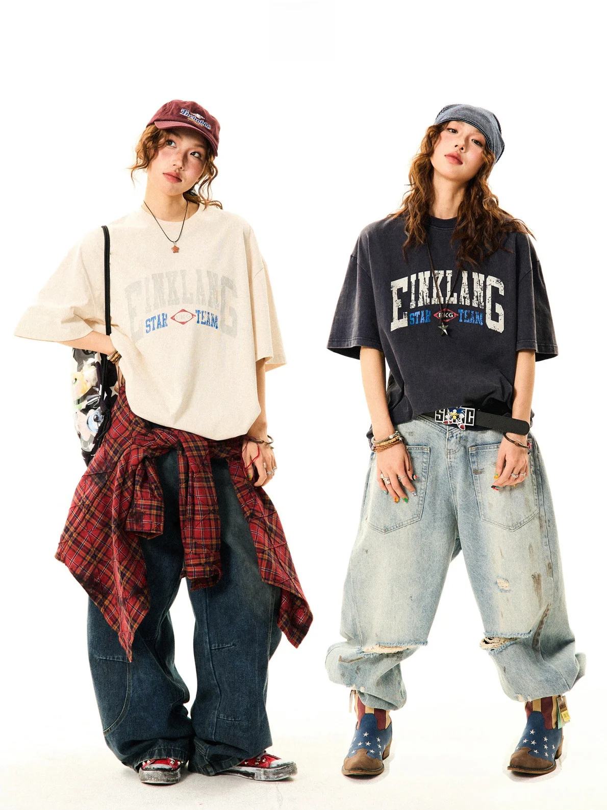 美式ウォッシュ加工文字プリント半袖Tシャツ【レトロ・夏用・ゆったりシルエット】