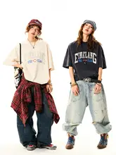 美式ウォッシュ加工文字プリント半袖Tシャツ【レトロ・夏用・ゆったりシルエット】