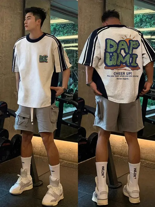 デザイン性のある肩パネル短袖Tシャツ【夏用・ヒップホップ・カジュアル】