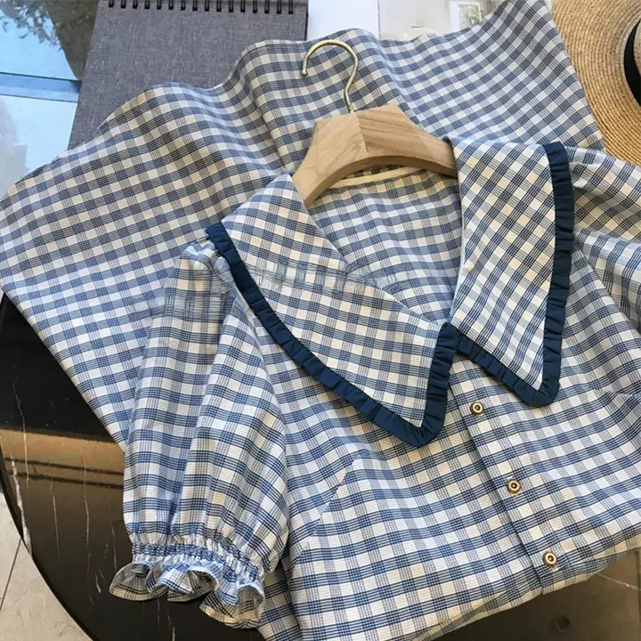 夏用大きいサイズ レディースチェック柄ワンピース【ブルー・ダブルカラー・長袖・体型カバー】（セットアップ対応）