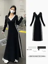 大きいサイズの黒 Vネックハイウエスト Aラインワンピース【春用・カジュアル・ロング丈・ウエストシェイプ】