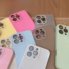 シンプルなカラーのレンズ保護フィルム付きガラスケース【iPhone対応・抗衝撃・全包囲タイプ】