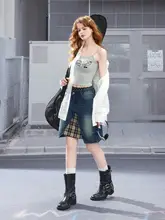 デニム風のハイウエストドットチェック柄ミニスカート【デザイン性に優れたタイトスタイル】（セットアップ対応）