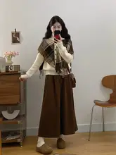 大きいサイズの韓国風コーデ！チェック柄ニットカーディガン＆スカート（セットアップ対応）