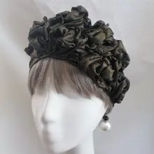 薄手の黒金色光沢フリル花デザインヘッドスカーフ【ヴィンテージスタイル・包頭帽】