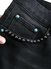 おしゃれな黒のダメージデニムパンツ【スタッズ付き・フィット感・秋冬用】（セットアップ対応）