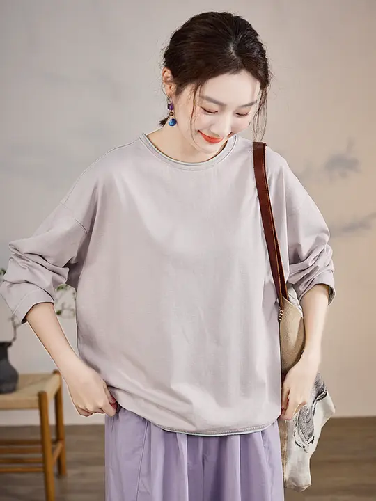 オリジナルデザインの感あるラウンドネック秋用カジュアルTシャツ【コットン・バイカラー・ゆったりフィット】