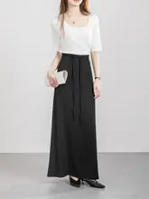 フレンチデザインのグレー女性用ロングスカート【高腰・薄手・Aライン】