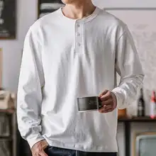 インディゴ 美式レトロ コットンヘンリーネック長袖Tシャツ【メンズ・春用】