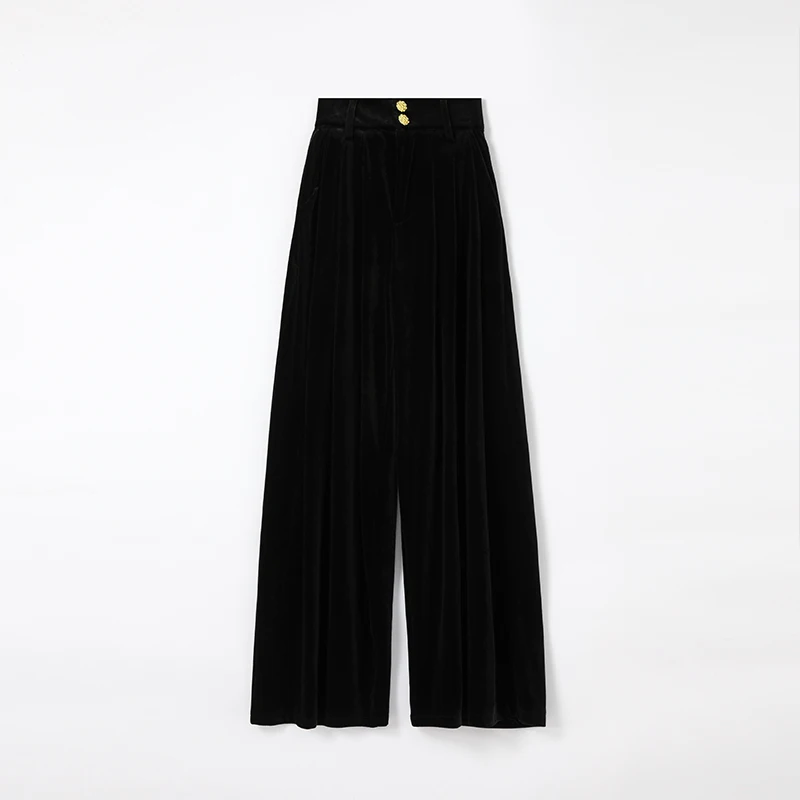 黒のベルベットワイドパンツ：高腰・縮緬加工で秋冬の通勤スタイルを実現