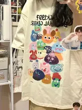 カジュアルな女性用ビンテージ風半袖Tシャツ【オーバーサイズ・純綿・アニメプリント・デザイン性】