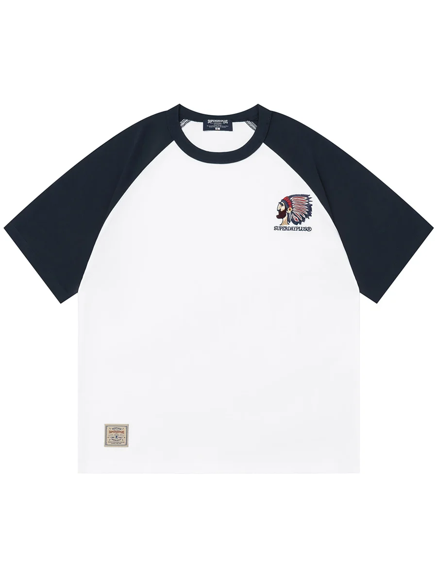 刺繍入り半袖Tシャツ【アメリカンカジュアル・ルーズフィット・ラグランスリーブ・カラーブロック】