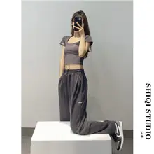 高腰ワイドレッグジャズ＆ヒップホップダンスパンツ【グレー・ゆったりデザイン・女性用】