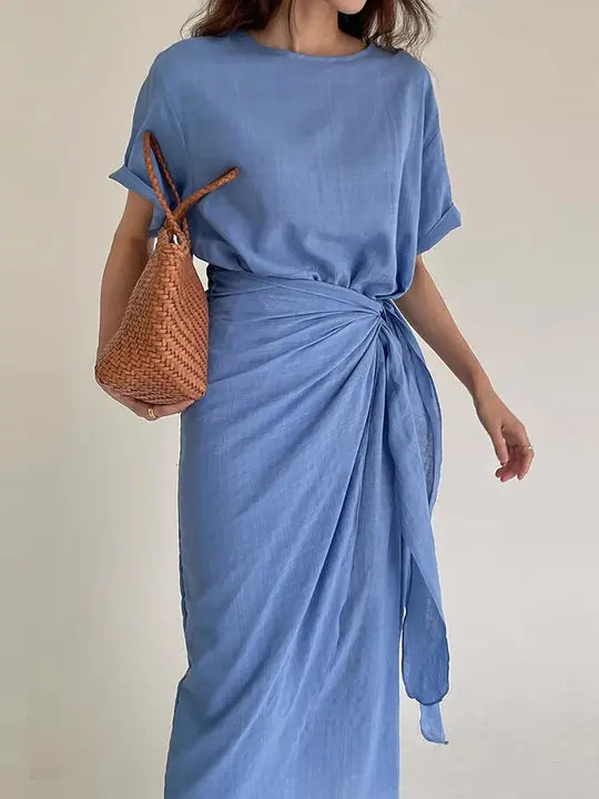 夏用 レディース ドレープデザインのウエストリボン付きミディドレス【ラウンドネック・半袖】