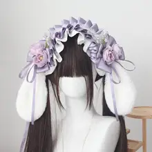 ハンドメイドの折衷スタイルヘアバンド【脱着可能なウサギの耳・ロリータ風花飾り】