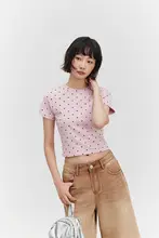 ODonedu 黒のドット印刷ストレッチショートTシャツ【女性用・夏・フィット・半袖】