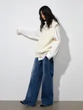 ウォッシュ加工デニムパンツ【V字ウエスト・ワイドレッグ・デザイン性抜群】