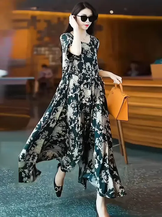 ファッションシルク ドレス プラスサイズ花柄スカート