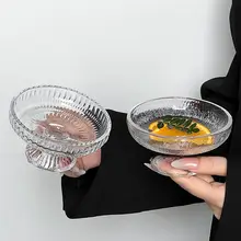 美しいデザインの果物トレイ【氷河ガラス製・高脚・お菓子やスナック、おやつにも最適】