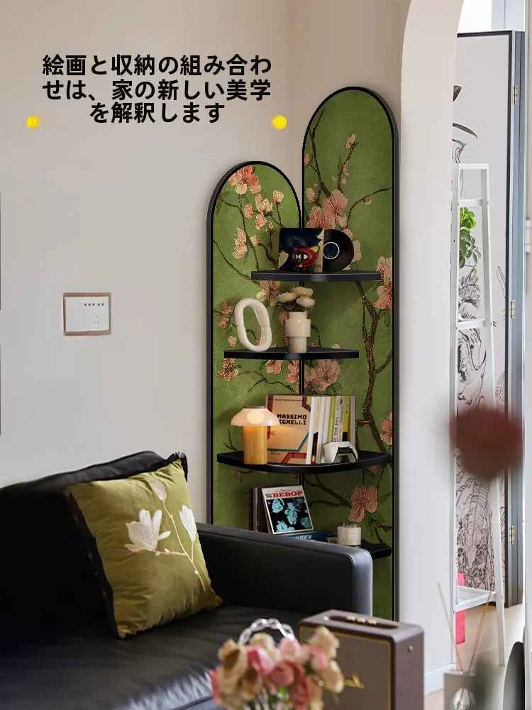 ヴィンテージ風 コーナーディスプレイキャビネット：花柄リビング用の立体収納ラック