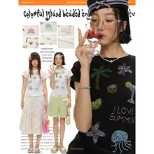 夏用短袖Tシャツ【カラフルなビーズ刺繍・フィットデザイン】【極上の柔らかさ】（セットアップ対応）
