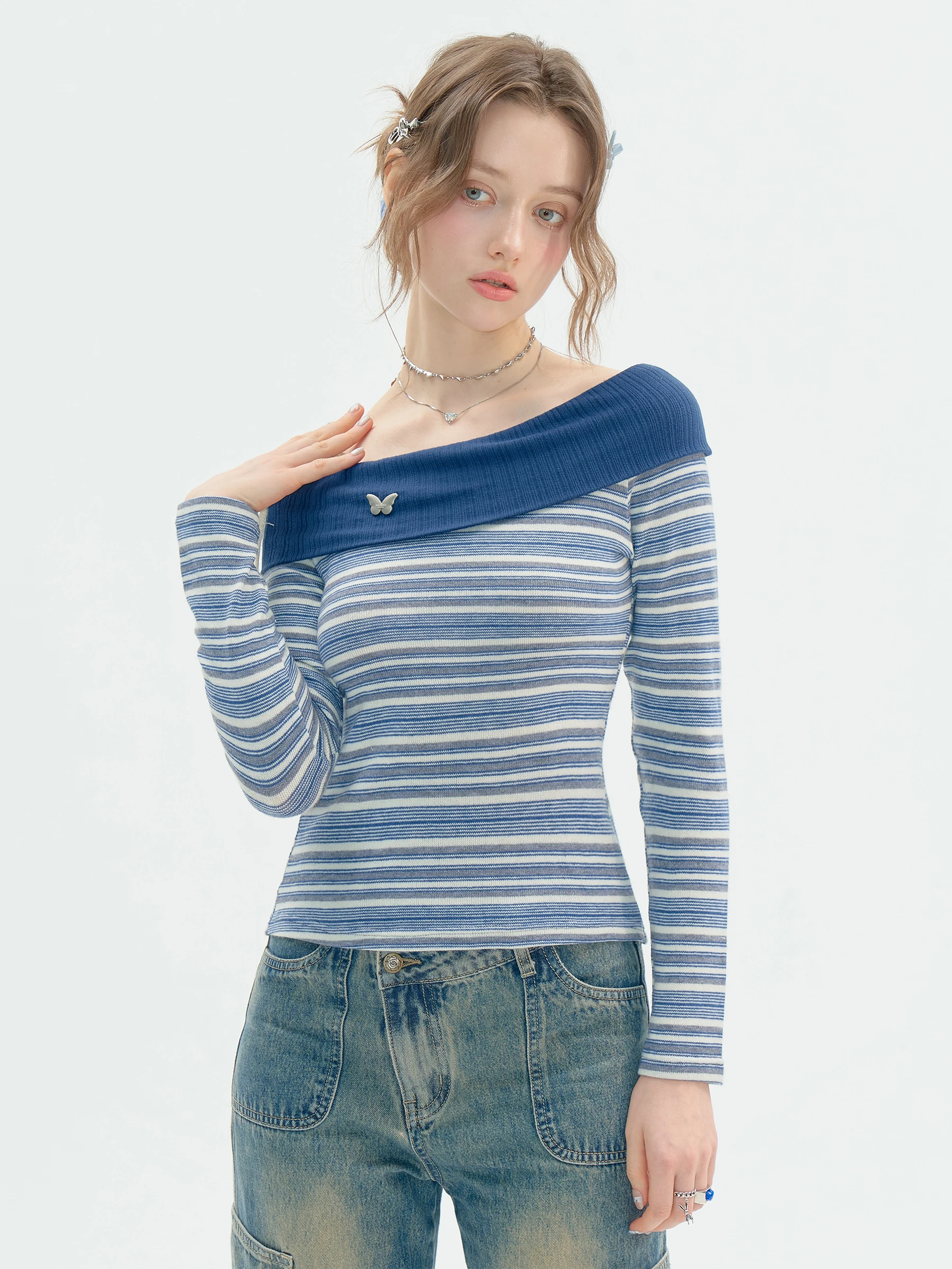 ziziFei デザイン ストライプオフショルダー長袖Tシャツ【深藍色・スリムフィット・春秋用】