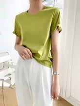 優雅なデザイン！アボカドグリーン・ホワイト・ブラックのサテンコットン半袖Tシャツ【ラウンドネック・Vネック・ゆったりフィット】