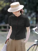 新中式刺繍デザインの黒い女性用半袖シャツ【夏用・シルエットを引き立てる】