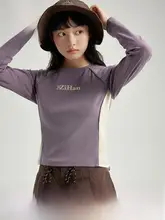 カラーブロックプリントのラウンドネック長袖Tシャツ【アウトドア・レトロスタイル・シルエットを強調】