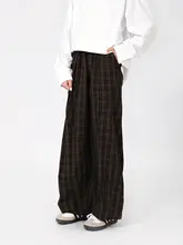 春夏用ビンテージ風カフェ色チェックストレートパンツ【男・したスタイル・ゆったり】